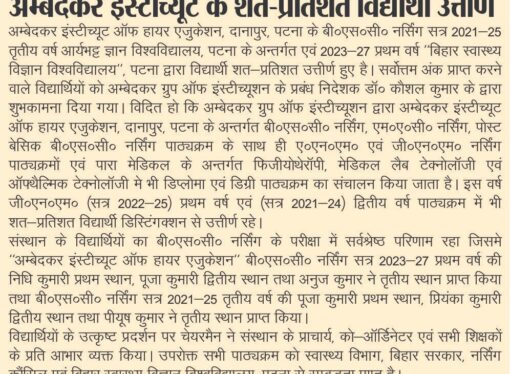 अंबेडकर इंस्टिट्यूट के छात्रों ने शत-प्रतिशत सफलता हासिल की